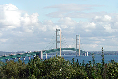View of the Mackiac Bridge from Mackinaw City.